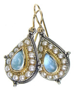 Gerochristo 1196 - Gold, Silver, Aquamarine & Pearls Medieval-Byzantine Earrings - $1,820.00