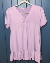 Ninexis Lavender Long Shirt Size Medium V Neck Ruffle Hem MISSING BUTTON - £3.16 GBP