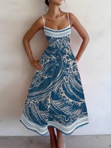 Women&#39;s Japanese Sea Wave All Over Print Cami Midi Dress - $25.99