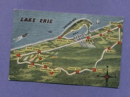 Vintage Linen Postcard Air View Map Lake Erie Presque Isle PA Unused - £4.68 GBP