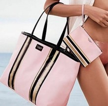 Victoria&#39;s Secret Glass Clear Jelly Stripe Tote Shoulder Bag Pink Black Gold Set - £51.83 GBP