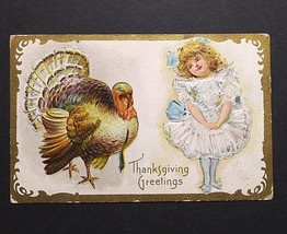 Thanksgiving Greetings Turkey Girl in Dress Gold Embossed c1909 Antique ... - $7.99