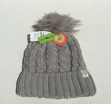 Gray Winter Knit Beanie Hat With Faux Fur Pom Pom &amp; Plush Lining Recycle... - £20.76 GBP