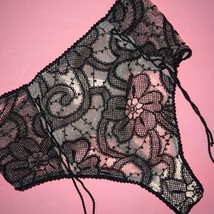 Victoria&#39;s Secret S,M HIGH-WAIST THONG Panty BEIGE Black Floral embroidered - $29.69