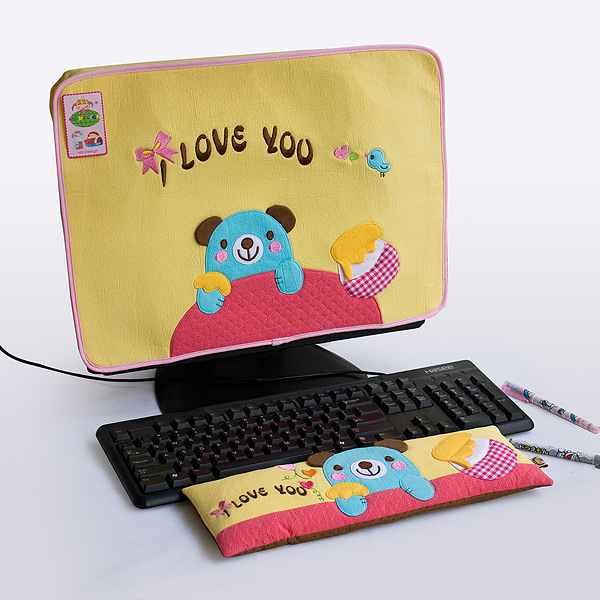 [Blue Bear-Yellow] Fabric Art 17 inch Monitor Screen Cover & Wrist Rest Pad