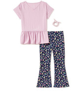 Girls Peplum Baby Doll Top Wide Leg Pants w/ Scrunchie, 3-Piece Outfit Set - £13.35 GBP