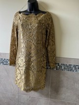 Calvin Klein Collection Gold Lace Long Sleeve short Dress Sz 6 Vintage - £780.11 GBP
