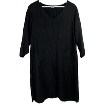 Match Point Size LP Petite Linen Slouchy Pockets Shift Dress Black V-Neck Womens - $28.00