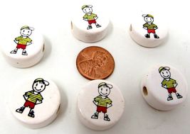 6 Little Boy Ceramic Beads Disc Peru 3/4in Horizontal Hole Children US S... - $11.87