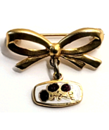 Vintage Floral Bow Pin Enamel Rose Charm Dangle Gold Tone Brooch - $12.99