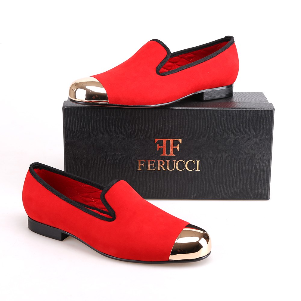 FERUCCI Handmade Men's Black Velvet Loafers With Gold Crown – Leather Sole