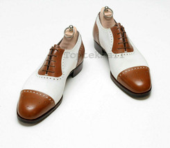 Handmade Men&#39;s Leather Brown And White Stylish Oxfords Spectator Dress S... - $189.04