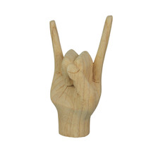 Carved Wooden Rock On Devil Horns Hand Gesture Statue Natural Finish Home Decor - £23.22 GBP