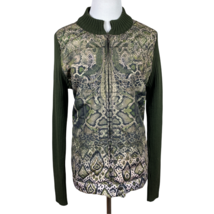 One World Sweater Jacket Women XL Green Full Zip Ribbed Knit Printed Lon... - £23.96 GBP