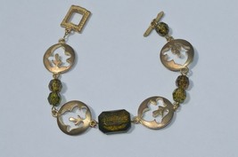 Vtg Mid Century Modern Cut out Flower Panel Bracelet w/Green Speckled Faux gems - £39.52 GBP