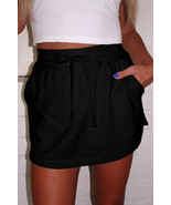 Black French Terry Drawstring Elastic Waistband Mini Skort with Pockets - $344.20 MXN