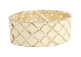 Stretchy Bracelet Enamel Cream and Gold Tone 1 Inch Wide Estate Fresh - $8.59