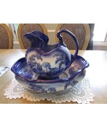 T.M. Staffordshire Chamber Wash Basin &amp; Bowl Set Romantic Flo Blue England - $665.65 CAD