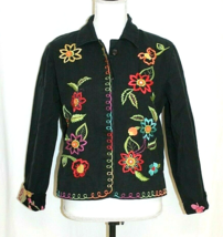 Hearts Of Palm Blazer Size 8 Black Embroidered Front 3/4 Sleeve Colorful Floral - £13.83 GBP