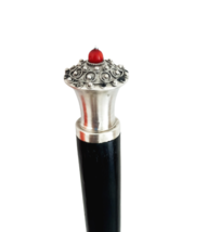 STERLING Silver WALKING CANE with coral gemstone on handle &amp; Wood stick ... - £107.66 GBP