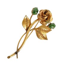 1940s Winard 12K GF Metal Rose Flower Green Glass Stones Brooch Gold Tone 2.5in - $29.95