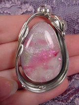 (#D-705) Dichroic Fused Glass Silver Pendant White Pink Green - £86.69 GBP