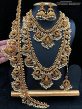 Bollywood Stile Placcato Oro Zirconia Sposa Perla Collana Jhumka Tikka Hip Belt - £281.82 GBP