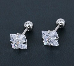 Surgical Steel Silver Square Screw Back Stud Earrings Cubic Zircon Men Women 2PC - £7.16 GBP