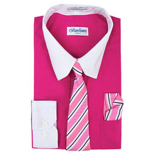 Berlioni Italy Boys Two Toned Fuchsia Dress Shirt With Tie &amp; Hanky Set 20 - £10.10 GBP