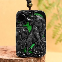 Real Genuine Black Jade Tiger and View Craving Pendant Necklace, Nature A Grade  - £68.65 GBP