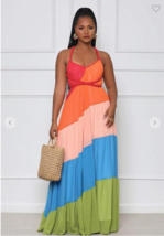 Rainbow Layered Boho Style Maxi Easter Dress Wrap Tie Closure Chiffon Lined - $45.47