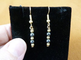 EE-380-2) 4mm round Black hematite + gold tone bead pair wire dangle EARRINGS - £8.30 GBP