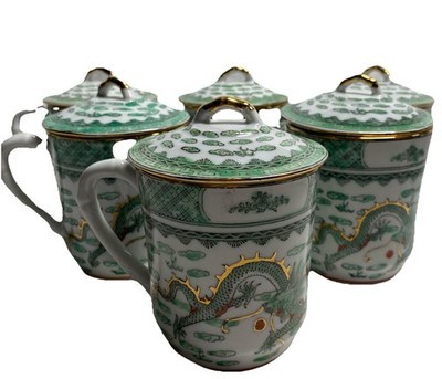 Chinese Hand Painted Tea Cups Set of 6 with 3 Lids Dragon Green Item image 2