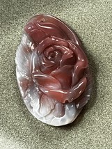 Nicely Carved Cranberry &amp; White Rose Flower w Leaves Stone Pendant or Other Use - £26.89 GBP