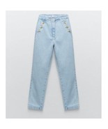 Zara Womens Size M Straight Leg High Rise Jeans Blue Gold Button Trim - $53.23 CAD