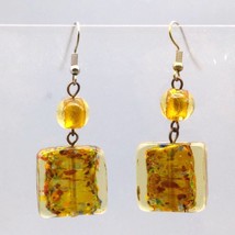 Dichroic Art Glass Earrings, Golden Tones Dangle Drop Vintage Squares - $35.80