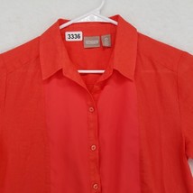 Chicos Shirt Womens Small Button Up Blouse Orange Short Sleeve Linen Blend - £11.67 GBP