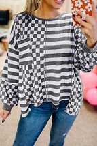 Dark Grey Checkerboard Striped Patchwork Lantern Sleeve Pocketed Blouse - $25.60