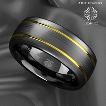 8mm Brushed Dome Black Tungsten Ring Gold inlay men&#39;s wedding band jewelry - £22.37 GBP