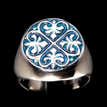Sterling silver ring Fleur de Lis French Lily Flowers medieval symbol with Blue  - $125.00