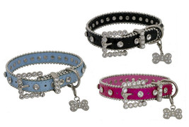 Fancy Leather Dog Collar w/ Bling! Crystal Rhinestones Blue Pink Black w/ Charm - £6.27 GBP+