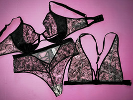 Victoria&#39;s Secret 36C,36D,36DD BRA SET+BRALETTE peek-a-boo Black beige embroider - £94.95 GBP