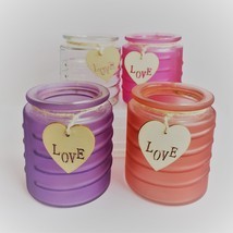 Glass Candleholder for Votive Tea Light Candles, Wood Love tag Purple Red Pink