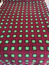 Hand Crochet Afghan Granny Square Cranberry Black Green Wool Blend Yarn 80&quot;x48&quot; - $22.69