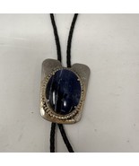 Southwestern Bolo Tie Silver Tone Blue Stone Design Black Braided Cord - $15.84