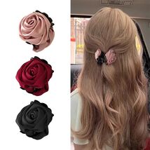 Boxkat Satin Rose Flower Jaw Clips 3 Pc Pink Red Black Hair Accessories - $188.43 MXN