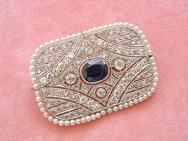 Antique Art Deco 2.6ct Sapphire 3.25 Ctw Mine Diamond Pearl Platinum Brooch 1920 - £4,365.19 GBP