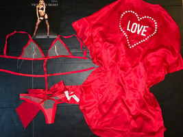 Victoria&#39;s Secret XS bow TEDDY one-piece+O/S kimono ROBE RED white satin mesh - £93.85 GBP
