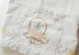 Vintage Handmade Standard Embroidered Pillowcase Cover w/ Lace and Flower Basket - £14.34 GBP