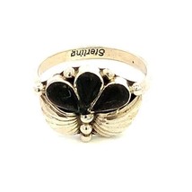 Vtg Signed Sterling Native American Carved Floral and Black Onyx Stone R... - $37.62